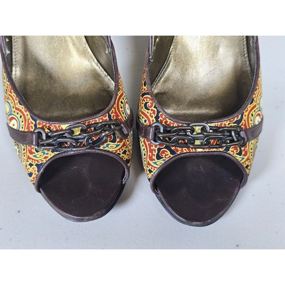 J.Crew Paisley Print Peep Toe Pump Heels Chain Detail Silk Fabric Made Italy 9.5
